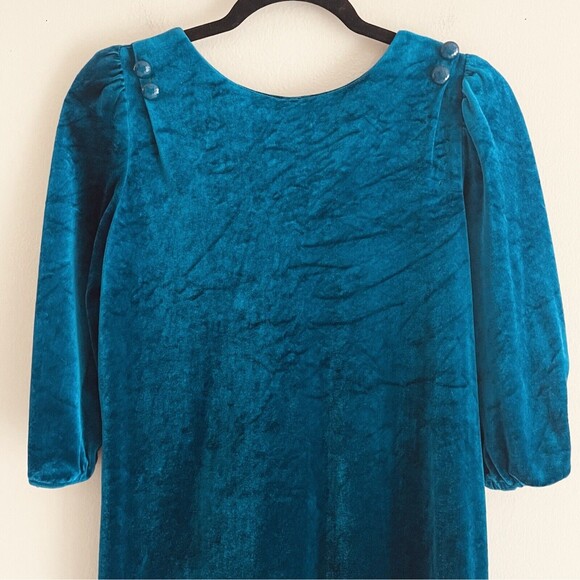 Jodi Michaels Vintage Dress M Back Buttons Puff Sleeves Velvet Turquoise Green - Picture 3 of 16